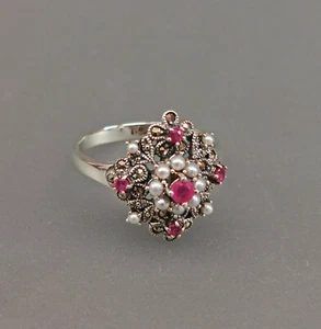 9923134 925er Silver Ring Rubin-Perlen-Ring Gr.58 - Picture 1 of 4