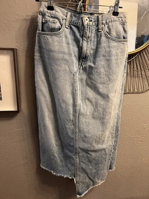 Rag & Bone Denim Midi Skirt 27 Distressed 100% Cotton  Ripped Asymmetrical - Image 1 of 4