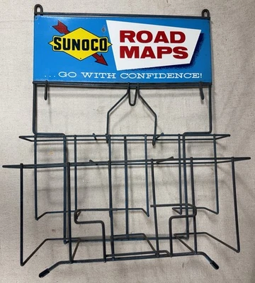 Vintage Original SUNOCO Gas Station Map Counter Display Rack w/ Metal Sign! - Image 1 of 4