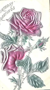 Geburtstagsgrüße Silber & Rosa Rosen auf Stielen geprägte Postkarte - Bild 1 von 2
