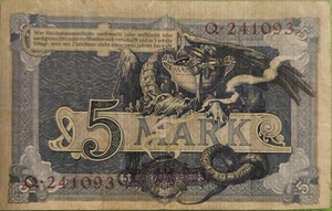 Banconota da 5 marchi Germania 1904 Reichskassenschein - circolata Q-241093 - Foto 1 di 9