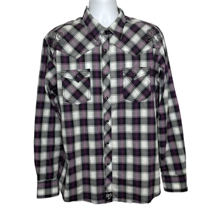 Wrangler Rock 47 Pearl Snap Western Shirt Size XL Embroidered Black Purple Plaid - Picture 1 of 8