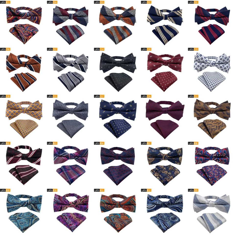 New Mens Pre-Tied adjustable Bow Tie Checks Stripes Bowtie Hanky Wedding Party - Image 1 of 1