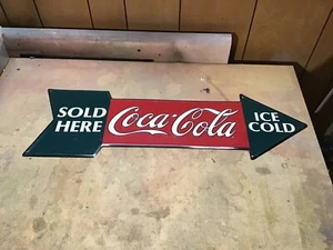 Vintage 1990 Embossed Coca Cola Metal Arrow Sign Tin Coke Sign 26"X 9" - Picture 1 of 2