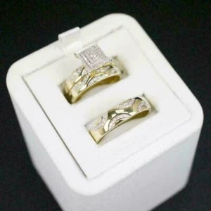 His & Her 2CT Diamond Engagement Band Bridal Trio Ring Set 18K Yellow Gold Over - Picture 1 of 4
