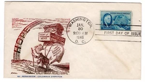 #933 Franklin D. Roosevelt 1946 FDC - Columbus Dispatch WWII Patriotic Cartoon - Picture 1 of 2