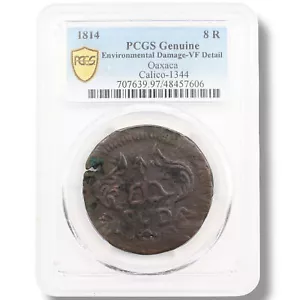 Certified 1814 Oaxaca, Mexico Morelos SUD copper 8 real Calico-1344 - Picture 1 of 2
