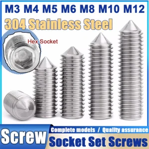 Hex Socket Set Screw Cone Point M3 M4 M5 M6 M8 M10 M12 A2 Stainless Grub Screws - Picture 1 of 95