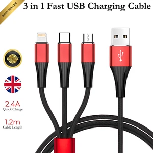 3 in 1 Charging Cable 2.4A USB Multi Charging Cable with 1.2m length - Red - Picture 1 of 5