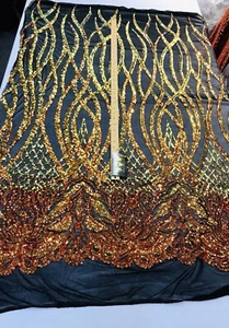 ORANGE IRIDESCENT FLAME DESIGN WITH SEQUINS ON A 4 WAY STRETCH BLACK MESH- - Picture 1 of 8