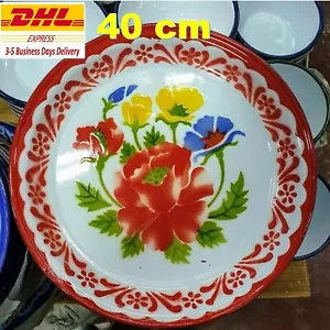 1x40cm Enamel Thai Big Tray Dish Plate Serving Enamelware Round Floral Flower - Picture 1 of 12