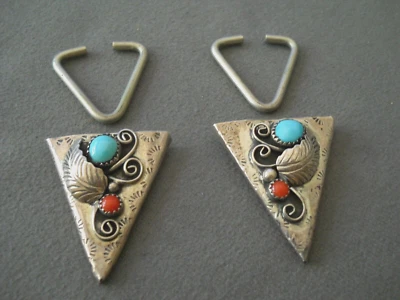 Native American Navajo Turquoise Coral Raised Leaf Sterling Silver Collar Points - Image 1 of 4