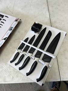 **12 PCS BLACK KITCHEN KNIFE SET 5 BLACK COLOR KNIVES, SHARPENER, CUTTING BOARD - Picture 1 of 6