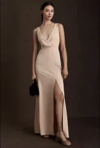 Anthropologie BHLDN Gown Dress Oyster V Neck Side Slit Satin Wedding Sz 8 NWT - Picture 1 of 16