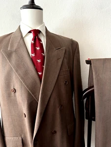 Vintage Double-Breasted 2-Piece Suit 44L Long - 37W x 33L Brown Striped Wool 80s - Picture 1 of 18