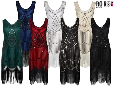 Ro Rox Años 1920 Vestido con aleta Gran Gatsby Disfraz Cóctel Fiesta Lentellera Flecos  Foto 1 de 4
