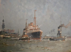 CURT WINKLER Original Ölgemälde Hamburger Hafen, ca. 1930 - Bild 1 von 11