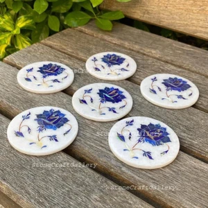 Marble coaster Set semi precious stones Lapis Inlay Work Handmade - Picture 1 of 5