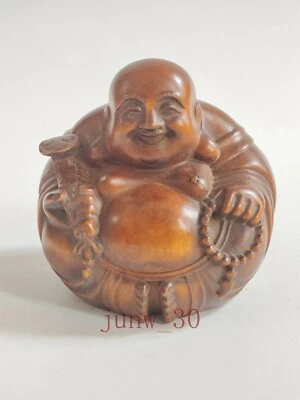Antigua estatua china de Buda Maitreya Happy Laugh tallada en madera de boj Foto 1 de 4