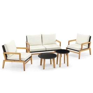 5 Piece Rattan Furniture Set w/ Wicker Woven Sofa Set & Solid Acacia Wood Frame - Picture 1 of 4