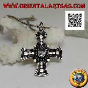 Ciondolo in argento 925‰ croce celtica con ametista naturale e dischetti - Foto 1 di 2