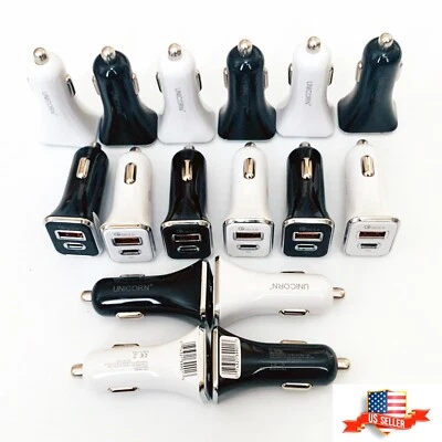 10 carregadores de carro USB-C porta dupla QC 3.0 2.4A + 18W PD atacado lote a granel UNICÓRNIO - Imagem 1 de 4