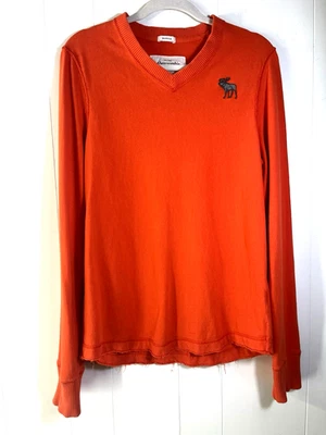 Abercrombie & Fitch Y2K Muscle Sweatshirt Orange V Neck Moose Logo Raw Hem Large - Image 1 of 4