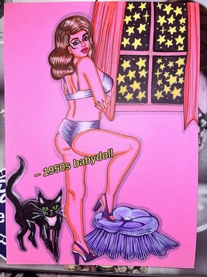 Pinup Drawing Original Art Piece By Artist Pretty Alyssa Title: Purrrfect Night - Image 1 of 4