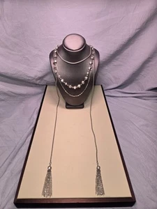 Silver Tone Layered Pearl and Chain Lariat Y Necklace with Tassels - Picture 1 of 7