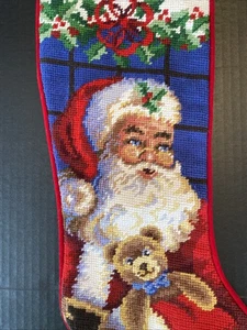 Vintage Needlepoint Christmas Stocking Jolly Old St Nick/Santa with Teddy Bear - Picture 1 of 6