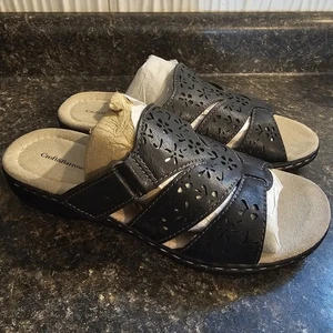 Croft & Barrow Paula Cushioned Cut Out Slide Sandal size 7 Black Tan Wedge - Picture 1 of 6