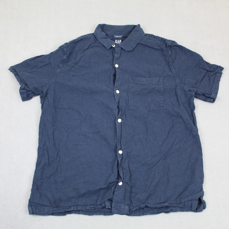 GAP Shirt Mens Large Classic Navy Blue Short Sleeve Linen Cotton Button Up - Image 1 of 4