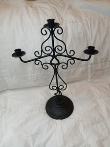 Large Heavy Cast Black Iron Candelabra 3 Candle Holder 18"x13" Vintage 80's Vibe - Picture 1 of 8
