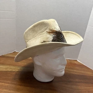 Vintage Khaki Beige YA Cowboy Western Hat Size Medium 6 3/4 - 6 7/8 Feather Band - Picture 1 of 15