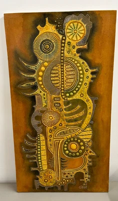 VTG Cisse Tribal Abstract Textured Painting 35.5"x19.5" Hand Painted Decor Gold - Image 1 of 4