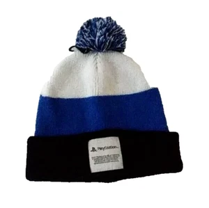 PLAYSTATION Mens Beanie Pom Winter Hat Cuff Black/White/Blue Ripple Junction NEW - Picture 1 of 6