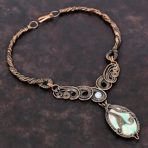 Copper Natural Variscite Rainbow Moonstone Wire Wrapped Chain Necklace Jewelry - Picture 1 of 6
