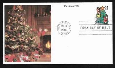 #3109 32c Christmas '96 -Decorating Tree - Tree & Fireplace Cachet - Mystic FDC - Image 1 of 2