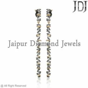 Genuine Baguettes Diamond Bar Earrings Handmade 925 Silver Gold Womens Jewelry - Picture 1 of 4