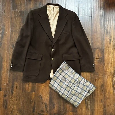 1960s 1970s Brown Sport Jacket VTG Mens Suit 44 36x28 Rockabilly Checkerboard - Image 1 of 4
