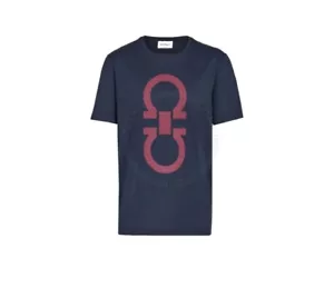 New Authentic Ferragamo Men Gancini Front Logo Men Tshirt Navy M L XL XXL $450 - Picture 1 of 3