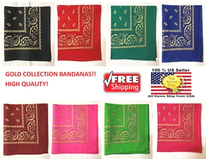 One Dozen GOLD Metallic Paisley Western 100% Cotton Printed Bandana 22 x 22 inch - Picture 1 of 10
