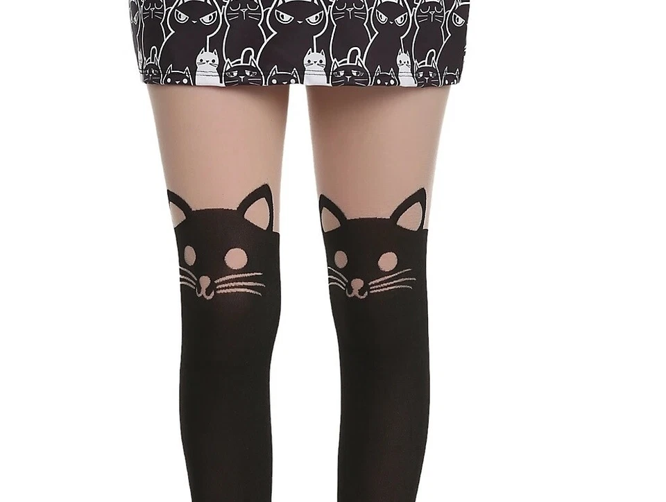 HOT TOPIC BLACK HEART  SHEER  OPAQUE CAT FACE FAUX THIGH HIGH TIGHTS O/S NWT - Image 1 of 3