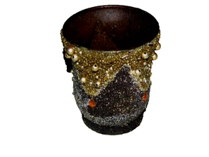 VOTIVE CANDLE HOLDER glass bead embellished 2.25" tall 2.5" top diam (off E)) - Picture 1 of 4