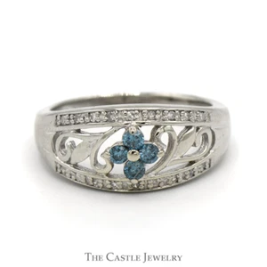 1/4cttw Blue Diamond Flower Cluster with Diamond Accents in 14k White Gold Flora - Picture 1 of 3