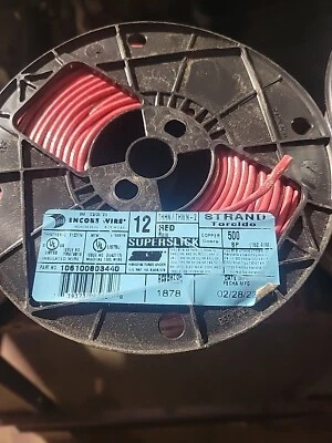 12 Gauge THHN Stranded Copper Wire Red Encore Wire Pn 106100803440 500' - Image 1 of 2