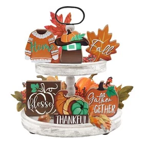 Thanksgiving Tiered Tray Decor Fall Thankful Pumpkin Cornucopia Tray Decorati... - Picture 1 of 6