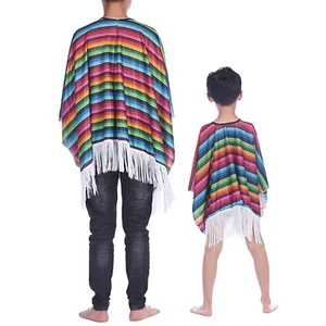 Kids Adult Mexican Party Costume Mustache Party Decor Poncho Sombrero Hat 4Pcs - Picture 1 of 28