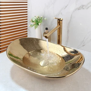 Juego de drenaje de grifo mezclador de lavabo de cerámica dorada ovalada - Imagen 1 de 9