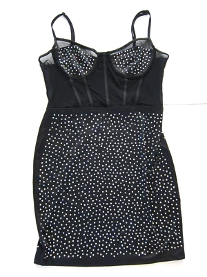 Vestido ceñido al cuerpo mediano Blashe negro diamante elástico con aros correa de espagueti Foto 1 de 4